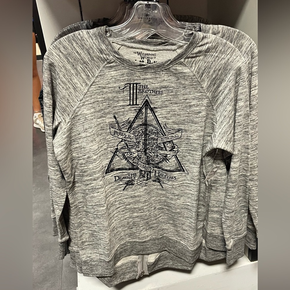 Universal Harry Potter Deathly Hollows heathered gray terry-back sweater NWT XS